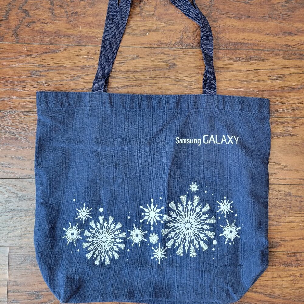 SAMSUNG GALAXY Navy Blue Promo Winter Snowflake Shopper Canvas Tote Bag EUC